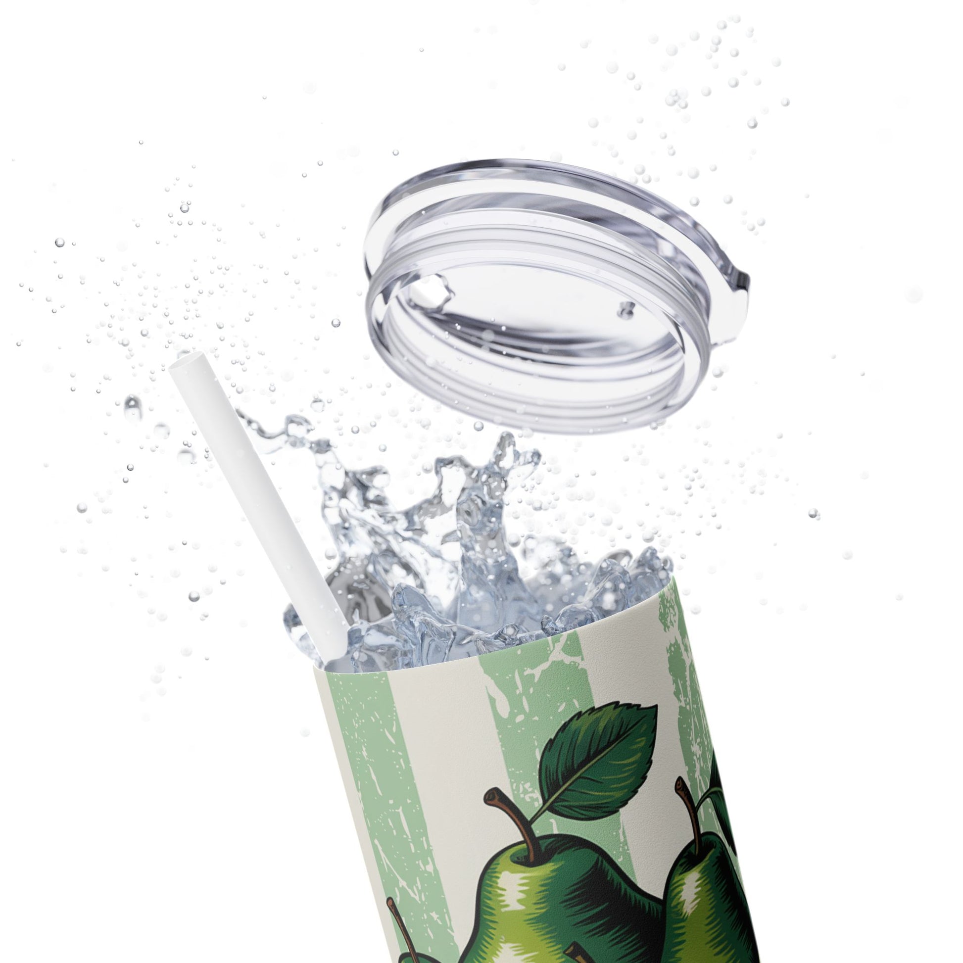 Dynamic image of water splashing around the 20Oz Perfect Pear Skinny Tumbler with Straw, illustrating the fun of vacation drinkware essentials.