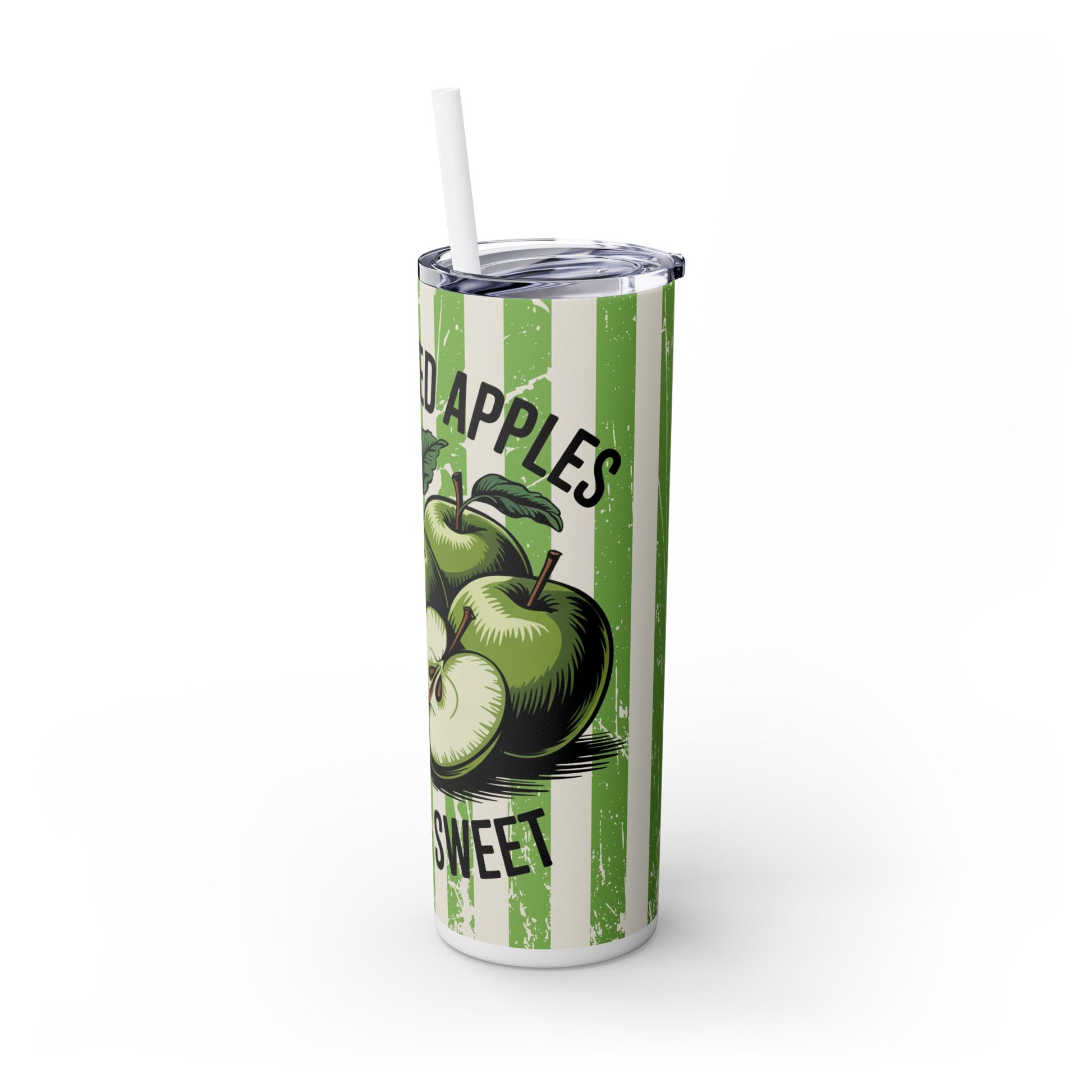 20oz stainless steel tumbler showcasing a colorful Crisp Apple design. Perfect for fall, this tumbler keeps drinks hot or cold, making hydration effortless.