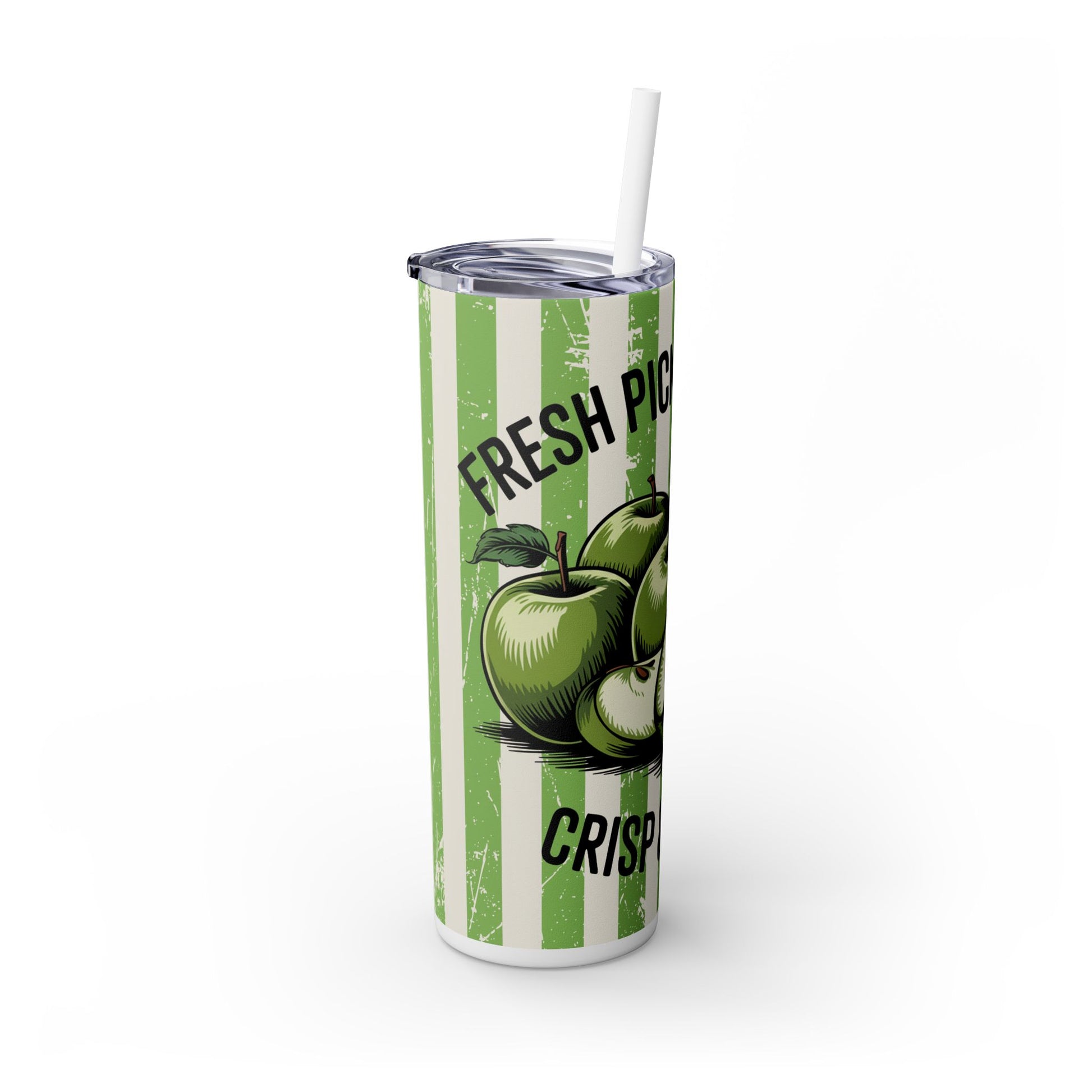 20oz stainless steel tumbler with straw featuring a Crisp Apple design, perfect for fall. Vibrant green stripes and fresh apples make it a stylish choice for hydration.