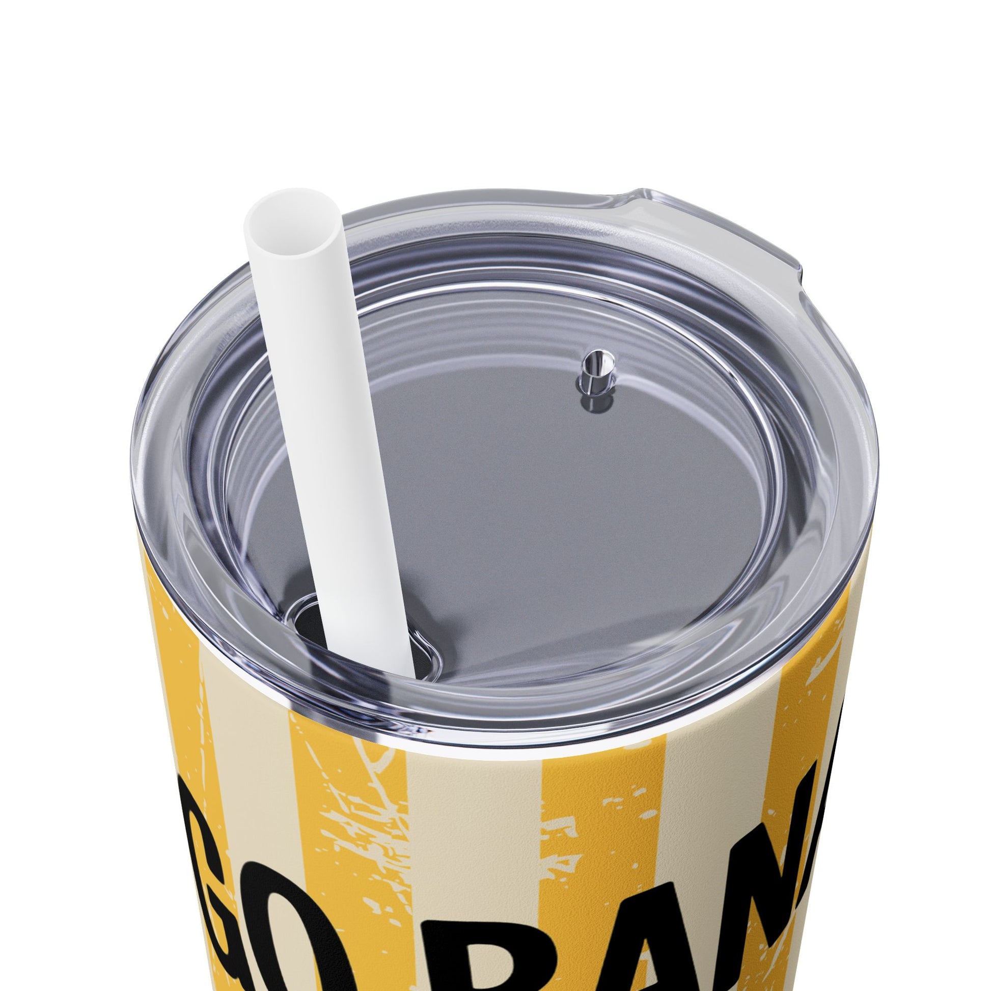 Detailed view of the Banana Lover's Eco-Friendly Drinkware 20oz Skinny Tumbler showcasing the lid and straw, perfect for enjoying smoothies and juices.