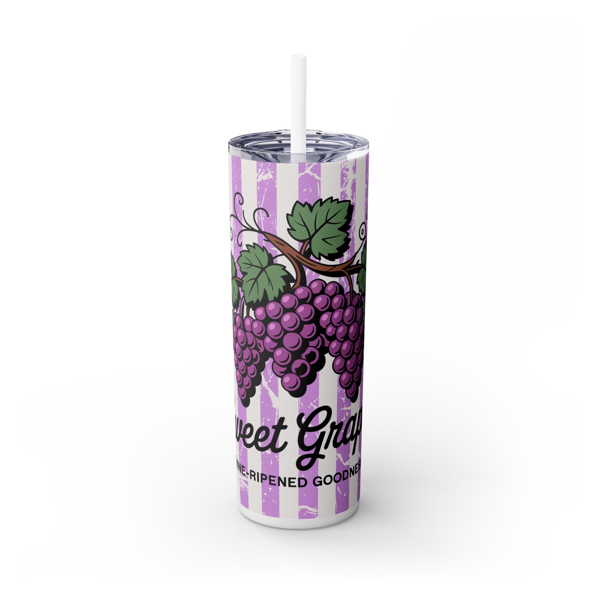 The Printify Sweet Grape Skinny Tumbler with Straw, 20oz, features a vibrant grape design with green leaves on lavender and white stripes. Double wall insulation keeps drinks hot or cold. Text: Sweet Grape and VINE-RIPENED GOODNESS.