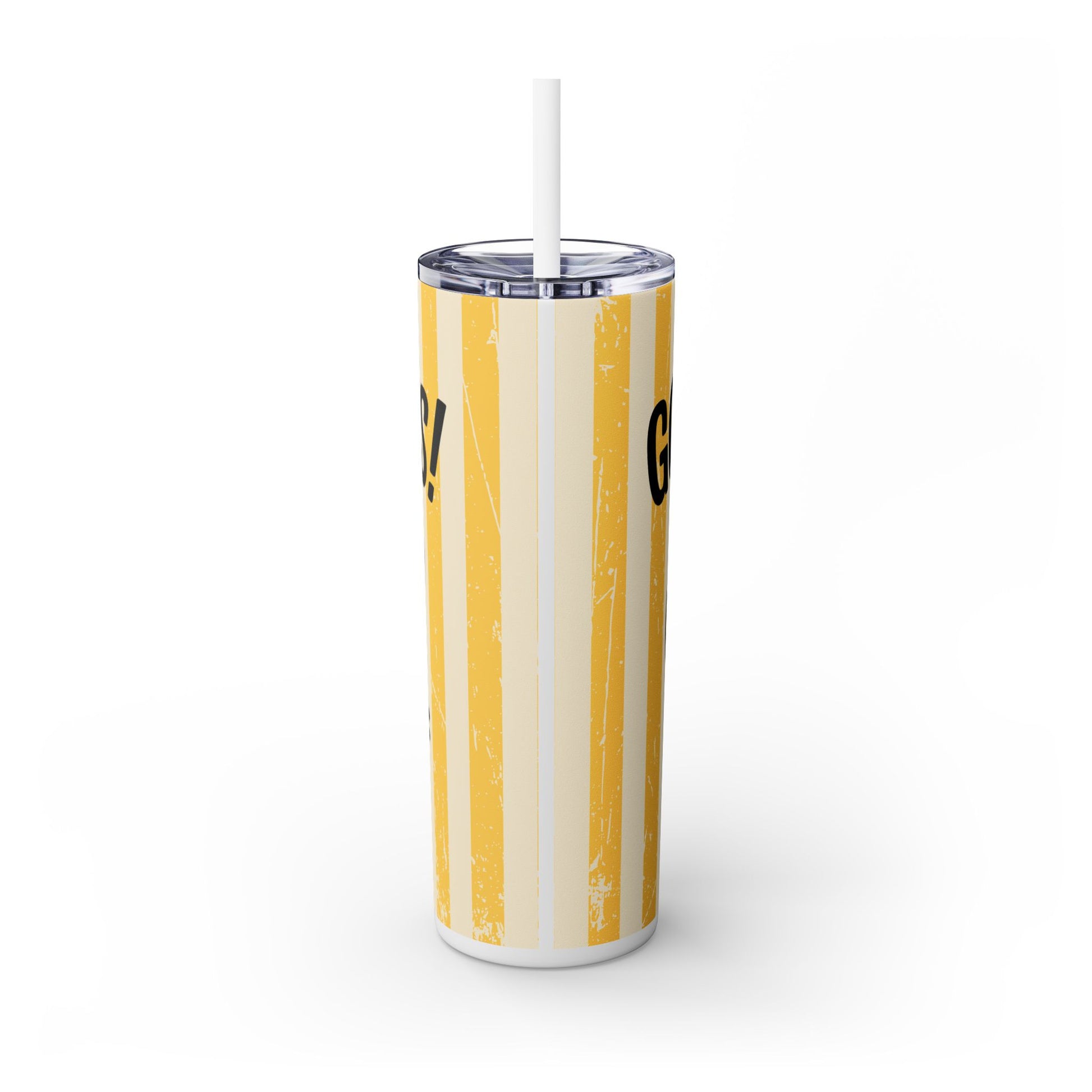 Stylish Banana Lover's Eco-Friendly Drinkware 20oz Skinny Tumbler showcasing a fun yellow striped design and the text 'Yay!' for your favorite drinks.
