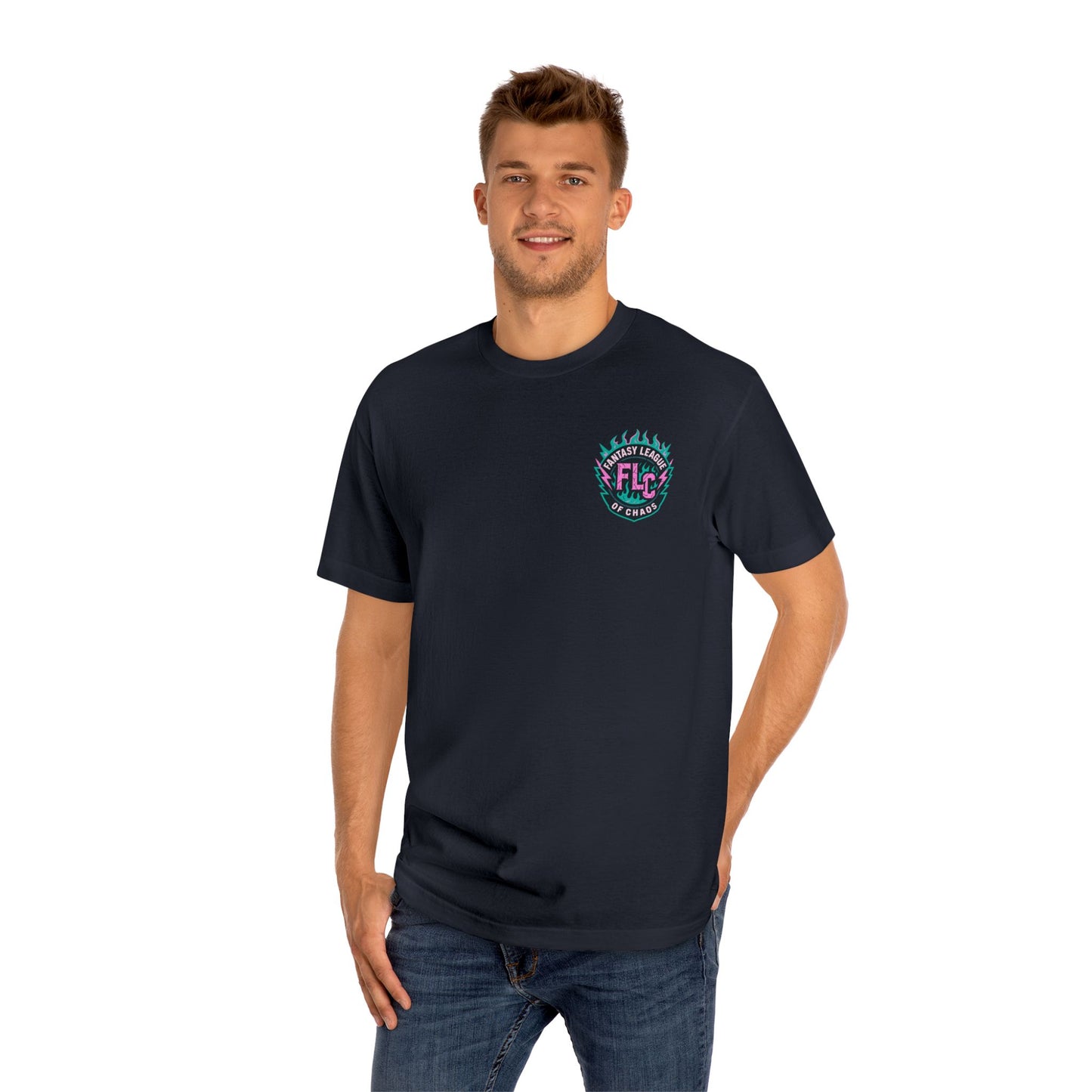 A man wearing the Printify Unisex Classic Tee with Dripball Design—a fun, playful shirt perfect for basketball fans and summer vibes—stands smiling at the camera with one hand in his pocket, paired with blue jeans.