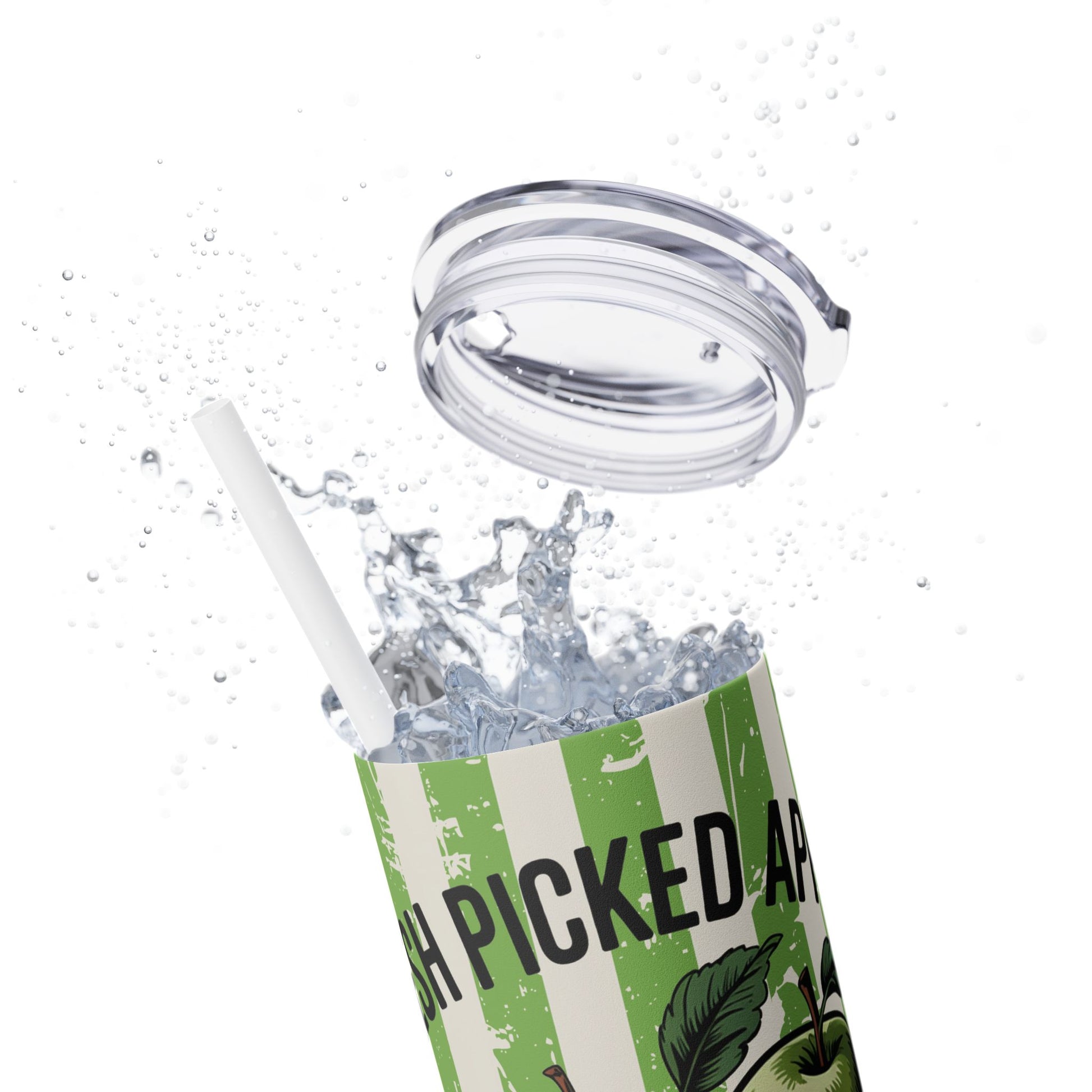 Detailed view of a 20oz stainless steel tumbler with a straw and lid, featuring Crisp Apple design. Perfect for enjoying drinks while on the go this fall.