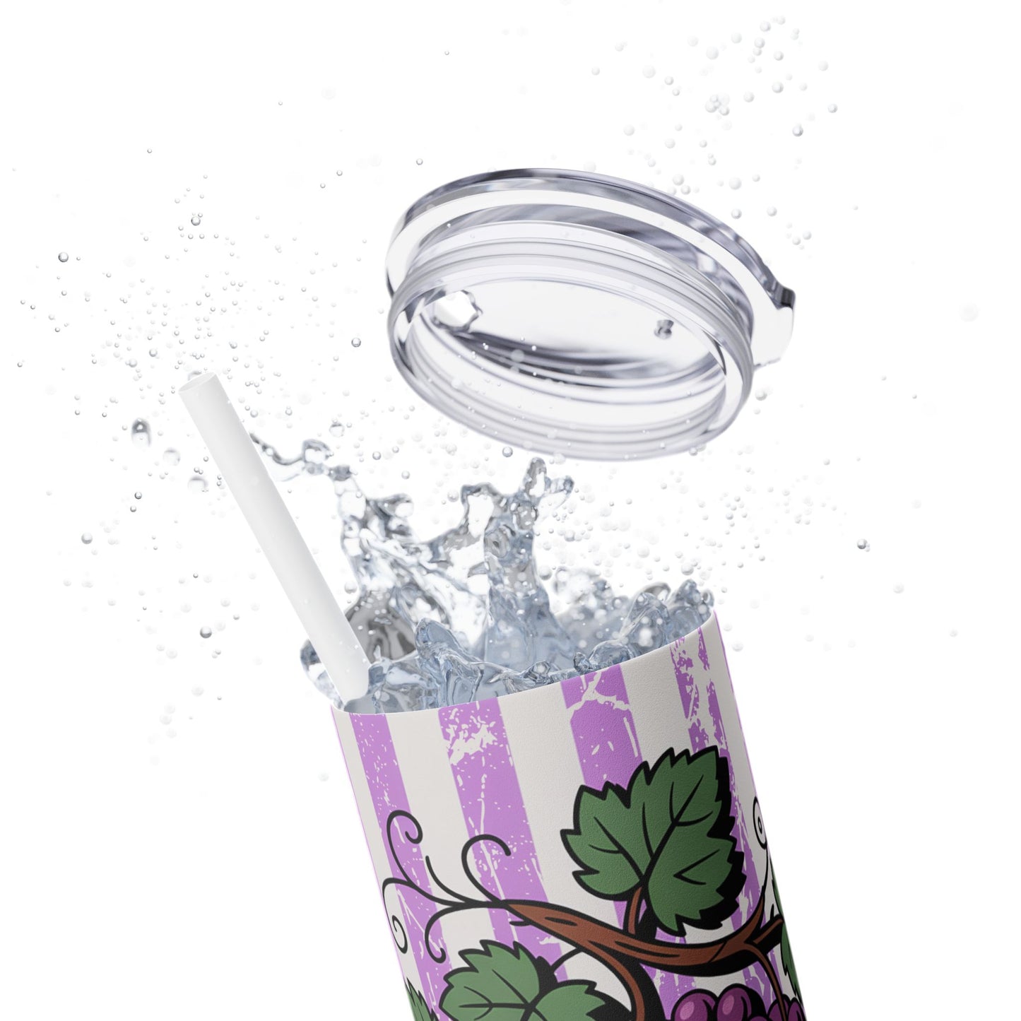 Sweet Grape Skinny Tumbler with Straw, 20oz captured in action with water splashing, showcasing its colorful grape graphics for a refreshing summer vibe.