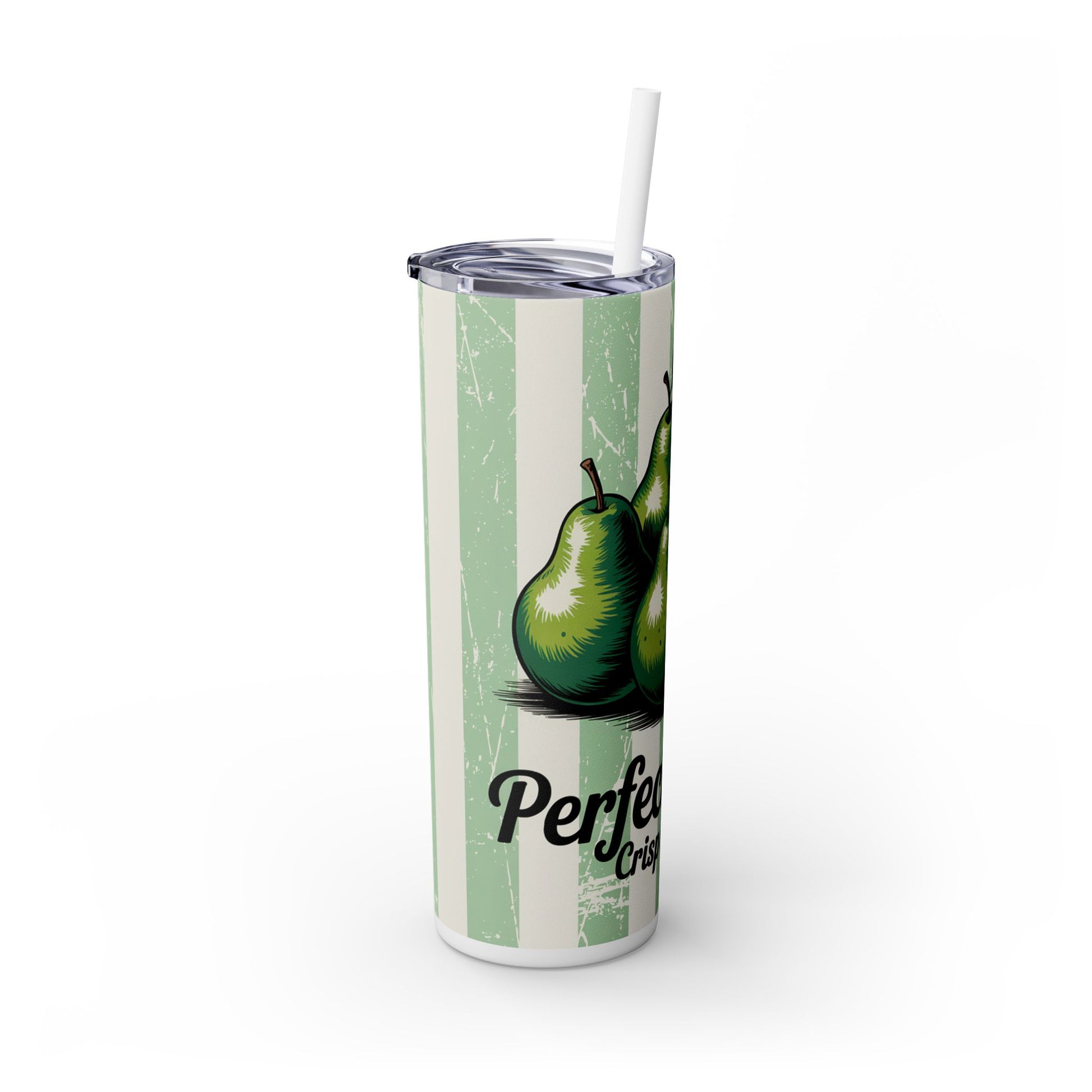 20Oz Perfect Pear Skinny Tumbler with Straw showcasing a stylish pear design, perfect for vacation drinkware essentials.