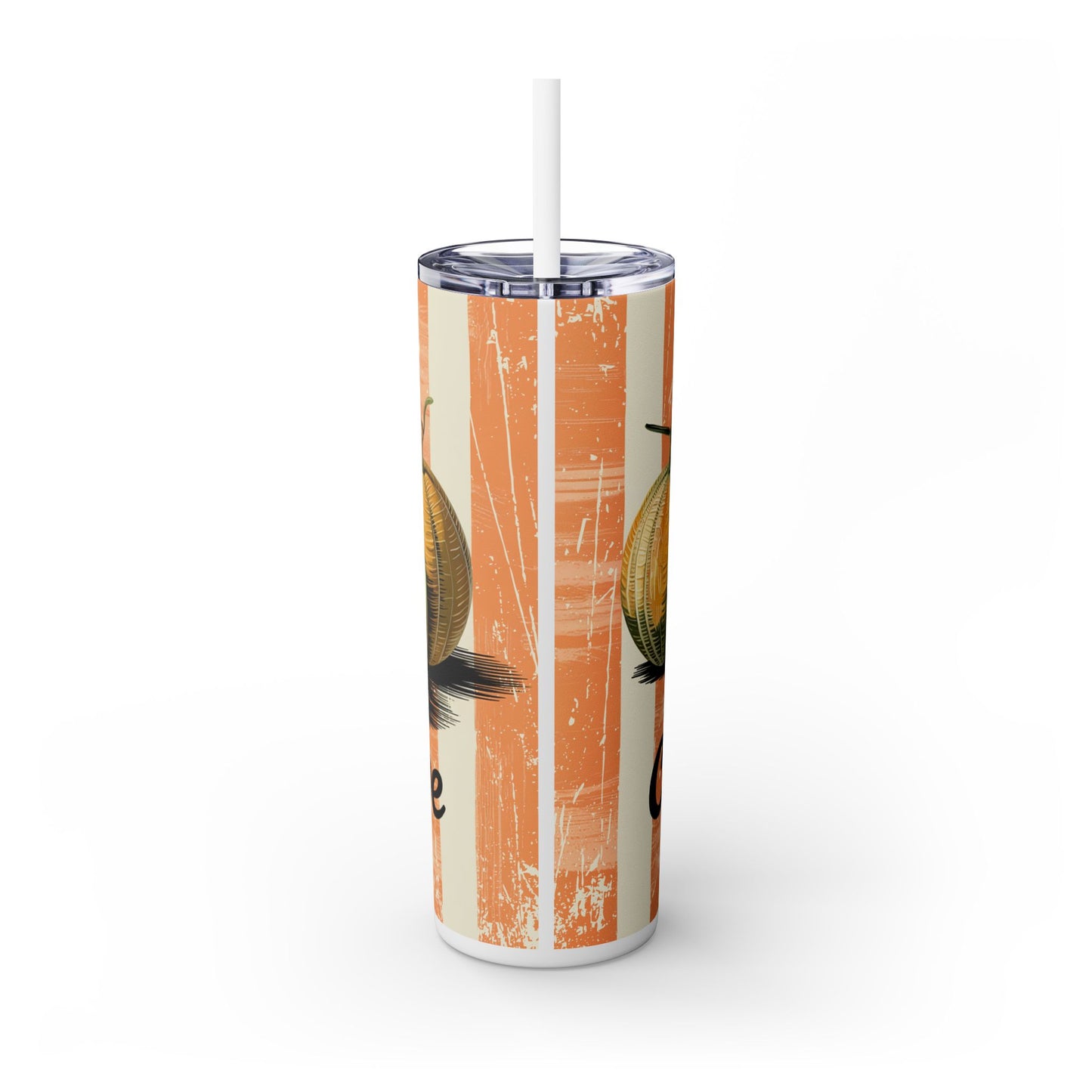 Close-up view of the Retro Cantaloupe Skinny Tumbler with Straw showcasing the detailed cantaloupe design, ideal for adding style to your hydration.
