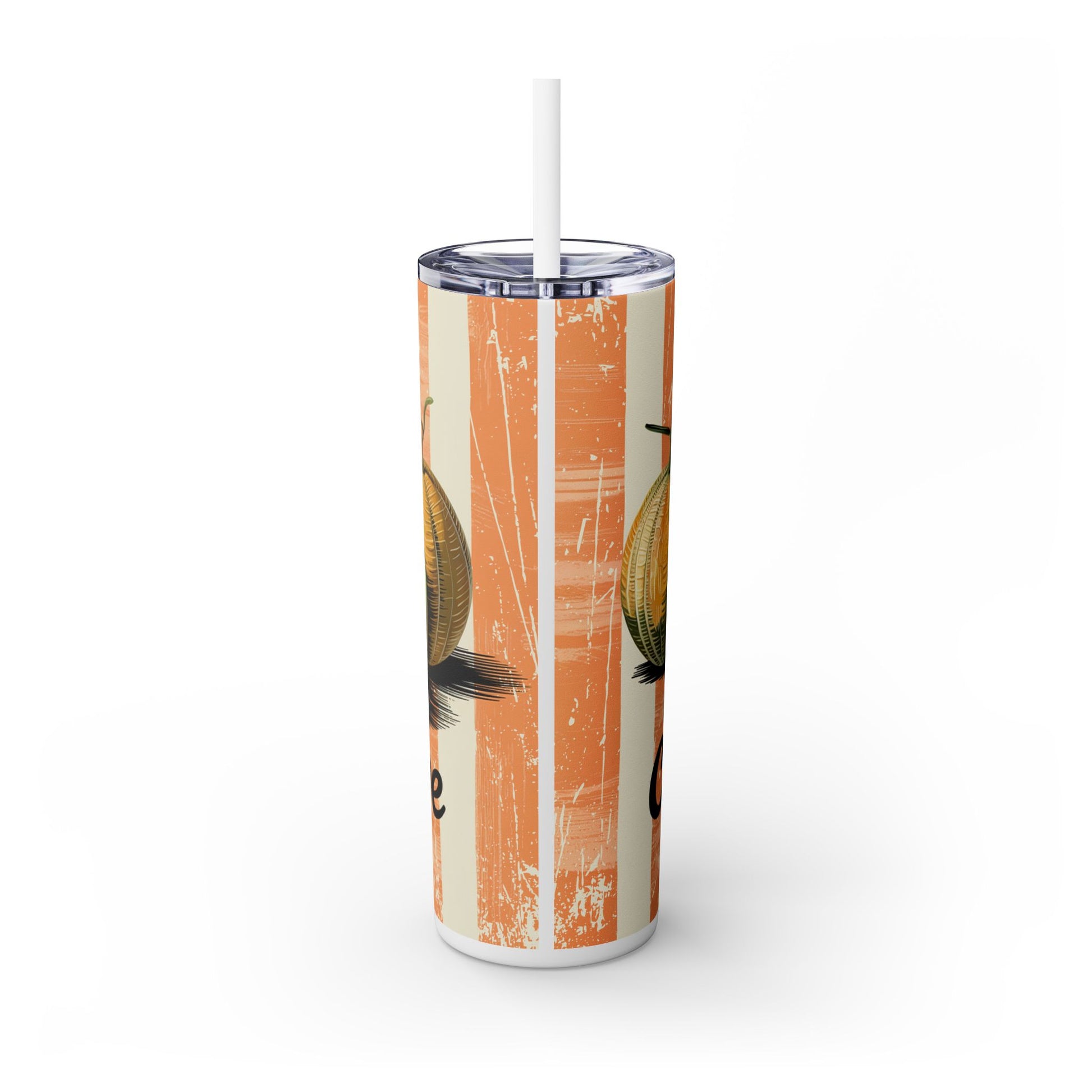 Close-up view of the Retro Cantaloupe Skinny Tumbler with Straw showcasing the detailed cantaloupe design, ideal for adding style to your hydration.