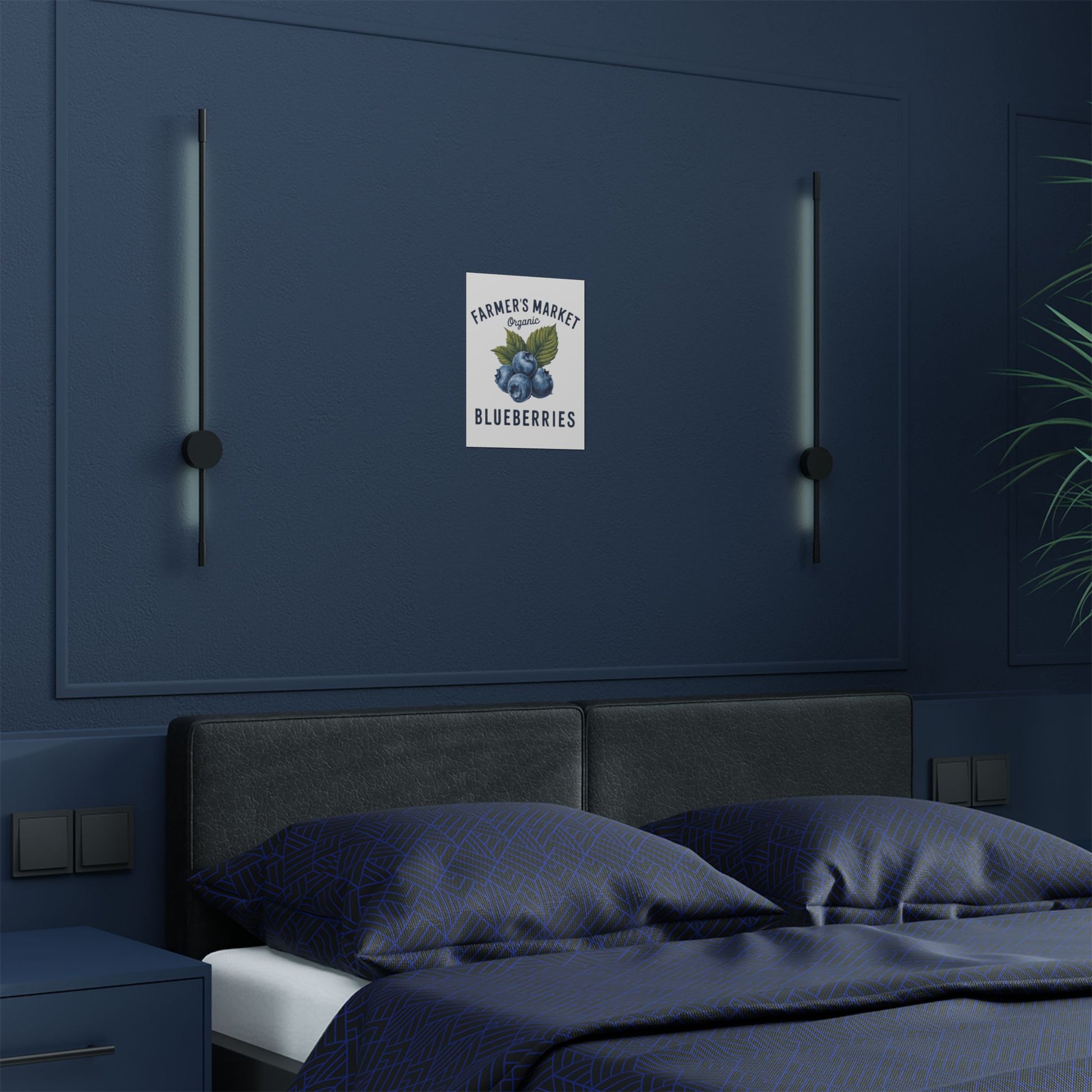 Cozy bedroom setting with the Organic Blueberries Satin Poster displayed above the bed, illustrating the charm of farmhouse poster prints in interior design.