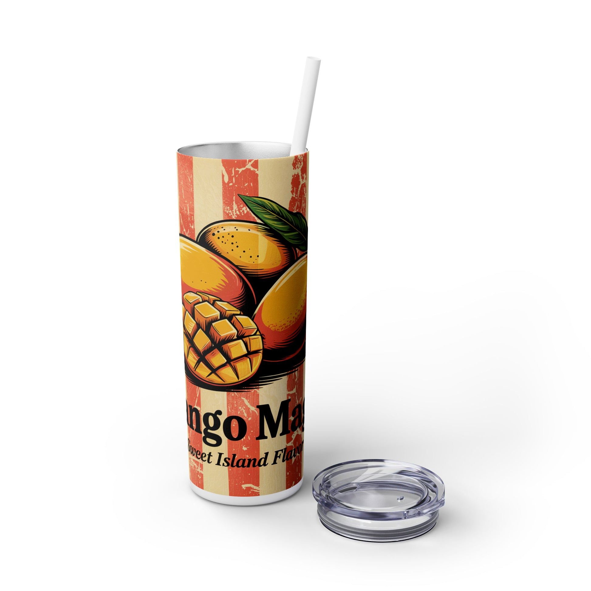 Tropical Mango Skinny Tumbler with Straw | Close-up of tumbler showcasing mango graphic and clear lid, perfect for refreshing drinks.