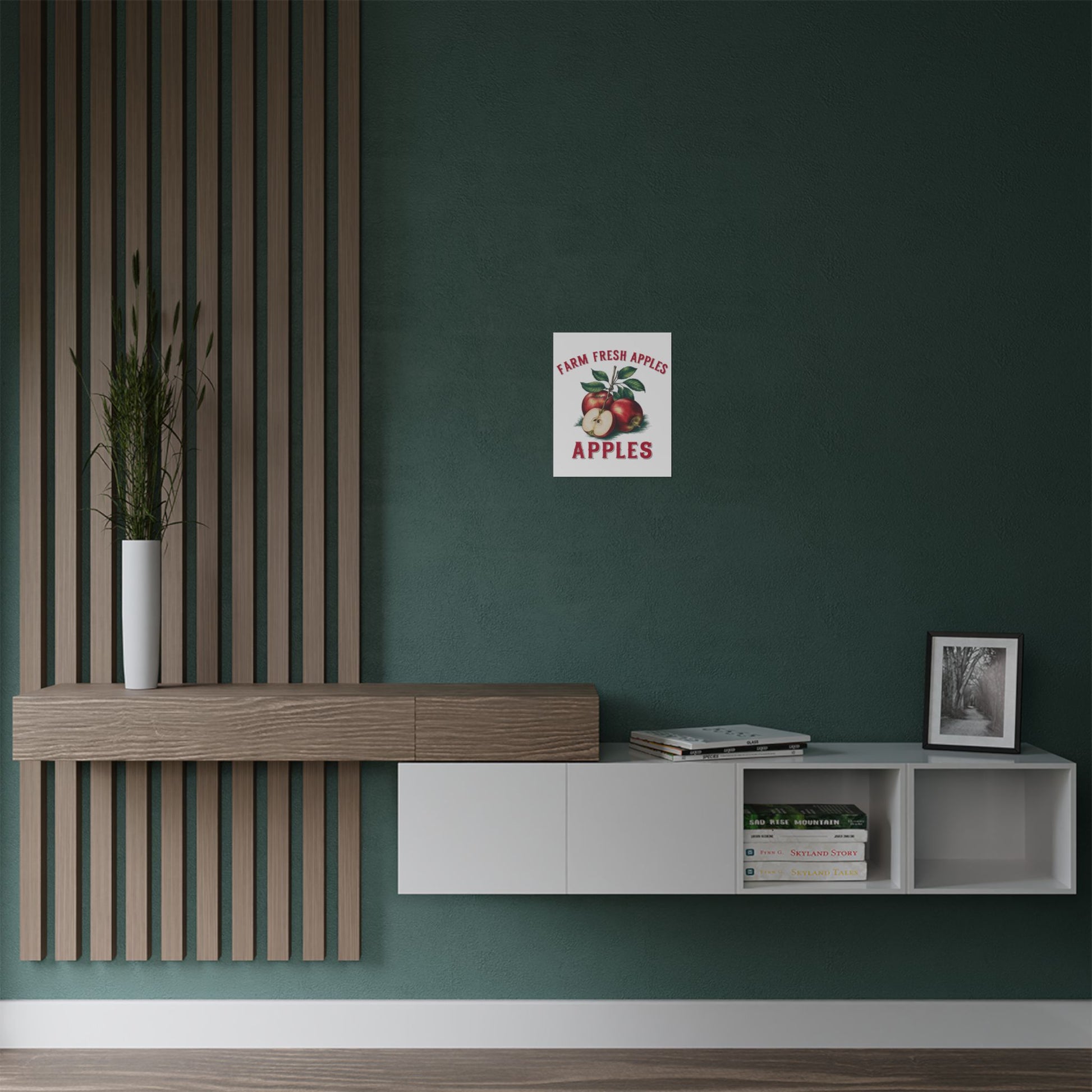 Farmhouse Kitchen Wall Art displayed in a modern living space, highlighting the Vintage Farm Fresh Apples Satin Poster against a dark teal wall, perfect for rustic home decor.
