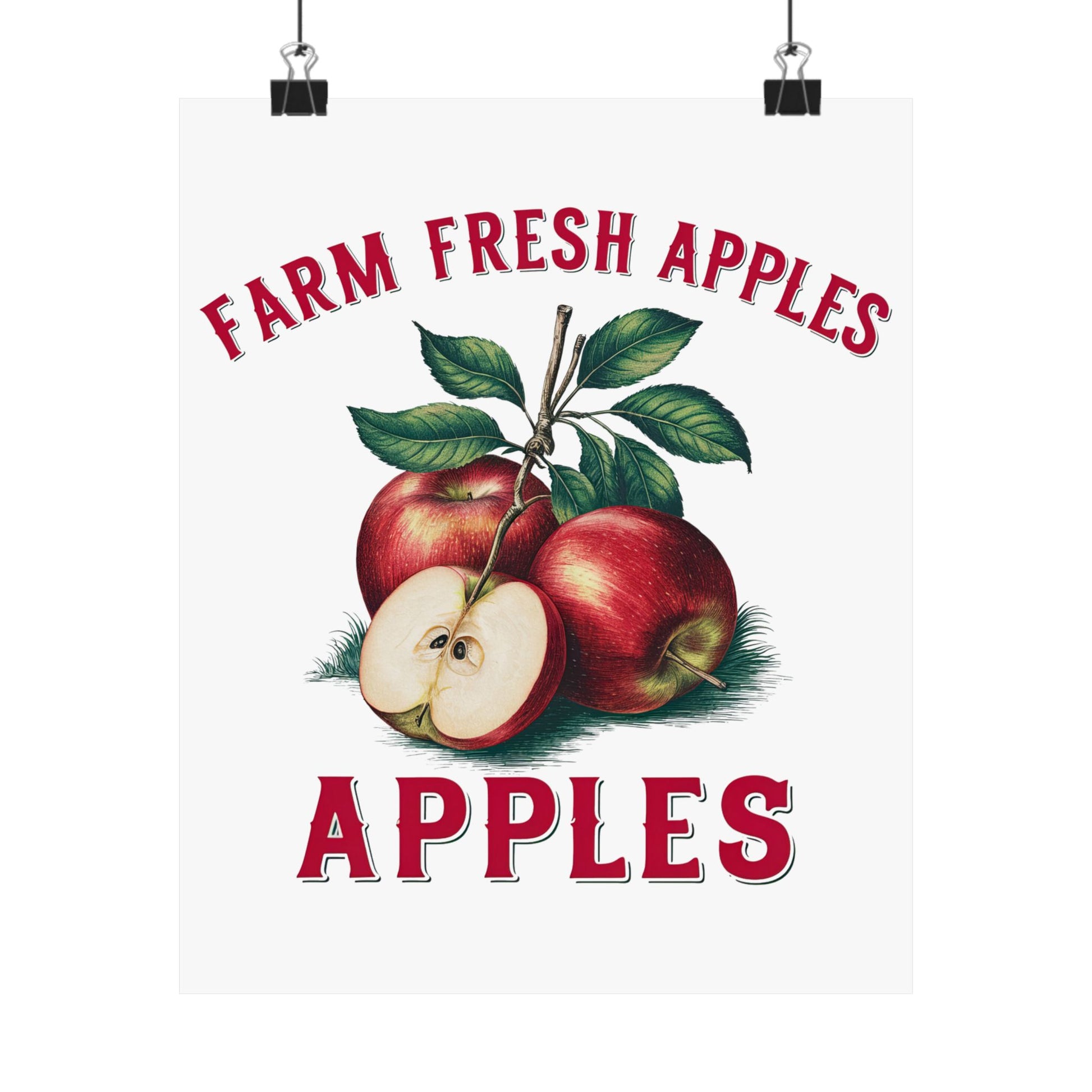Farmhouse Kitchen Wall Art - Vintage Farm Fresh Apples Satin Poster featuring a beautifully illustrated design of ripe apples with green leaves, showcasing rustic decor for home.