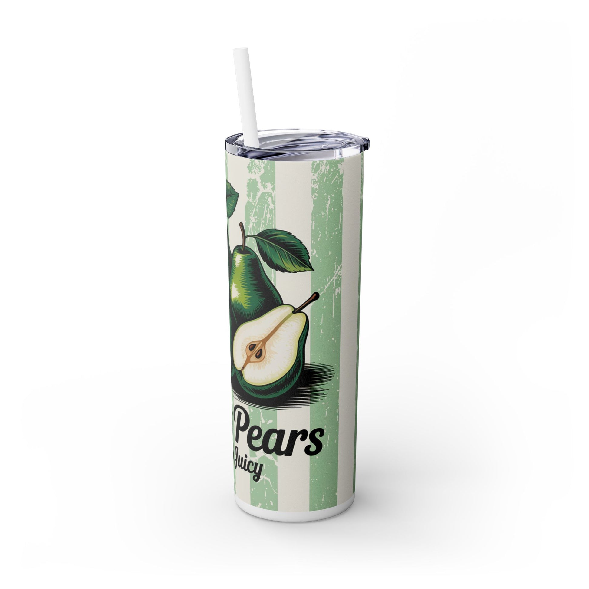 Close-up of the 20Oz Perfect Pear Skinny Tumbler with Straw displaying a juicy pear graphic, a must-have in vacation drinkware essentials.