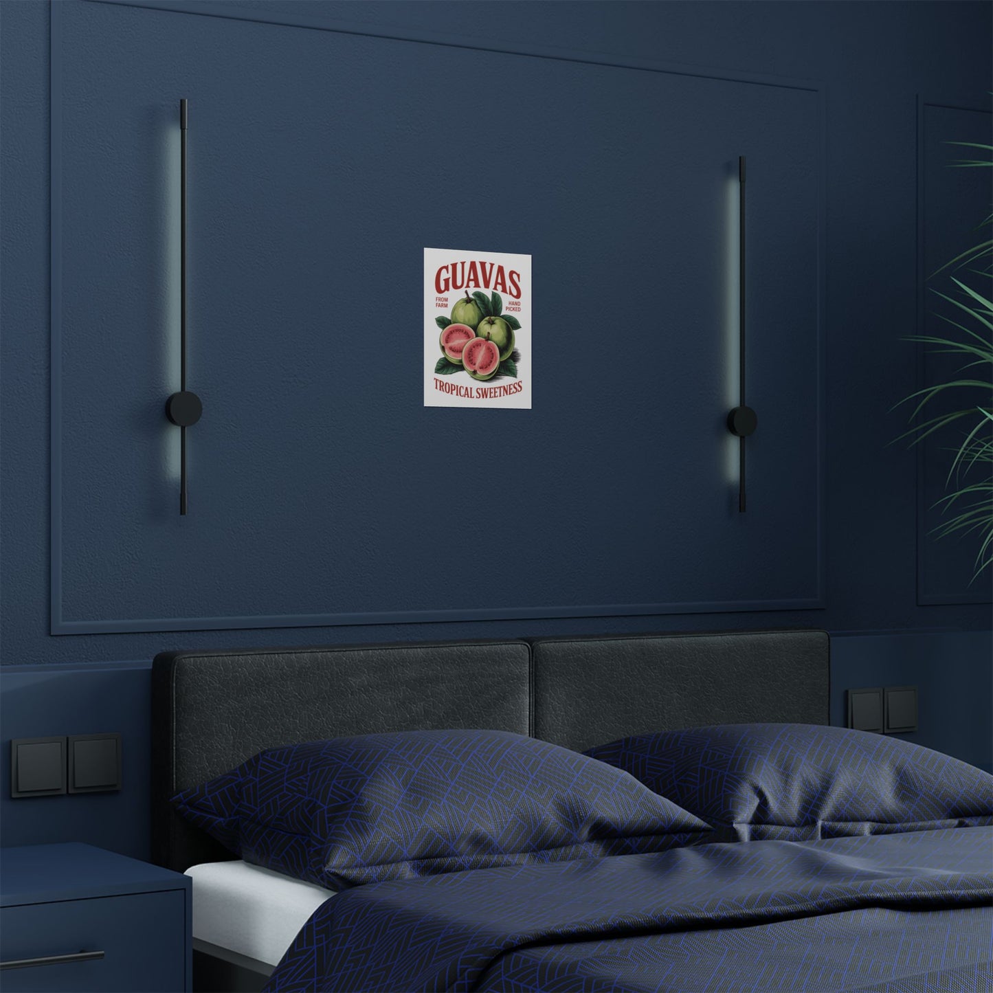 Vintage Fruit Satin Poster featuring guavas in a cozy bedroom setting, a charming vintage fruit art print that adds a tropical touch to your decor.