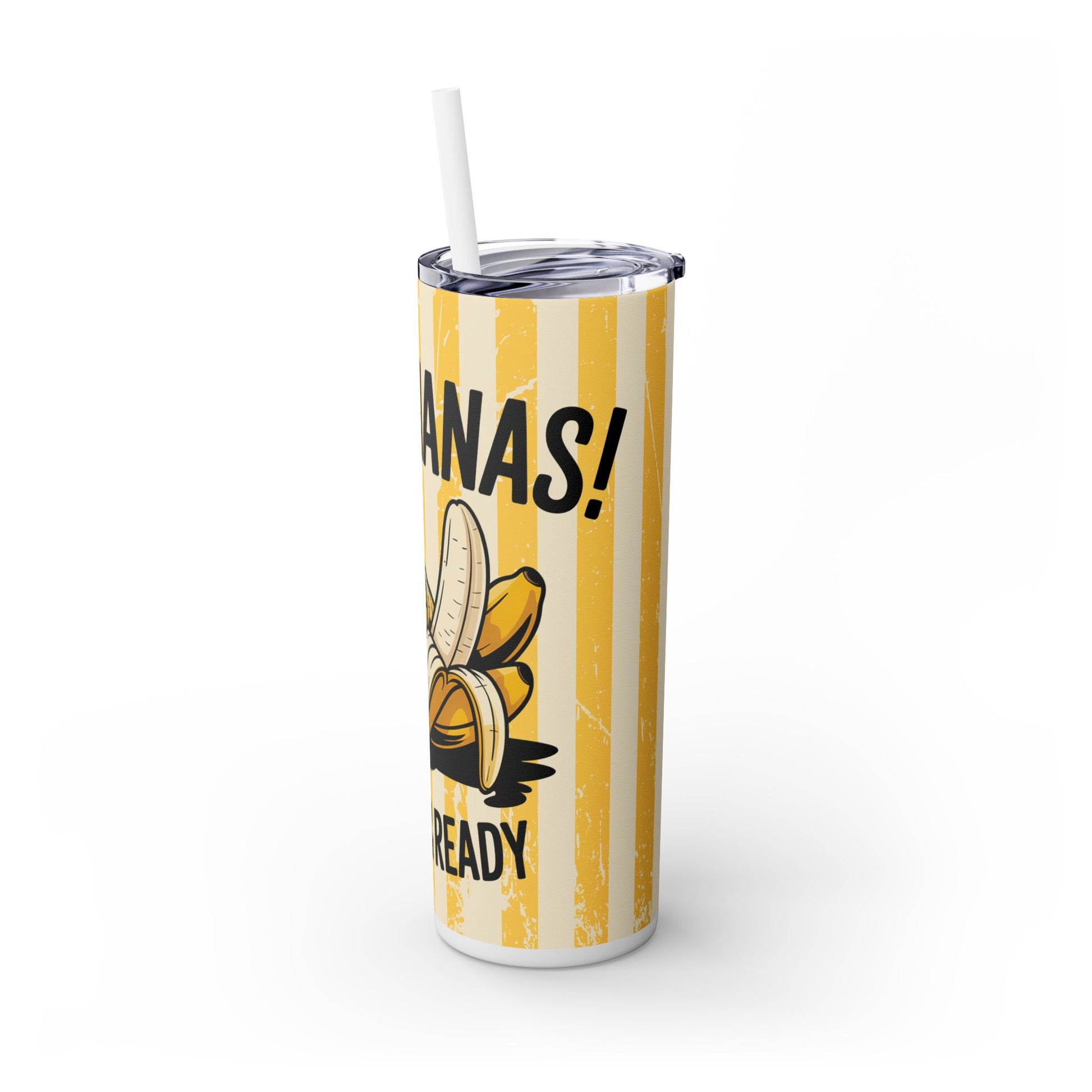 Banana Lover's Eco-Friendly Drinkware 20oz Skinny Tumbler designed with playful banana graphics and 'Bananas! Ready For Your Drink!' for an enjoyable sip.