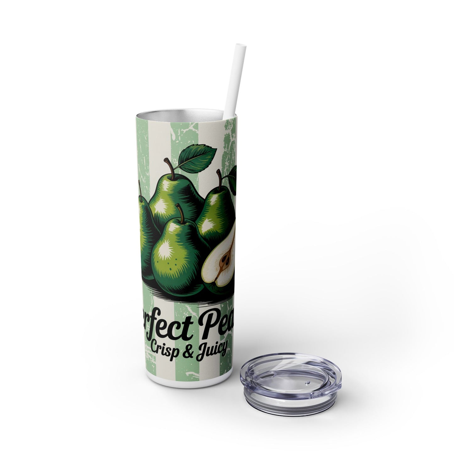 20Oz Perfect Pear Skinny Tumbler with Straw on a flat surface, emphasizing its unique pear design, essential for vacation drinkware.