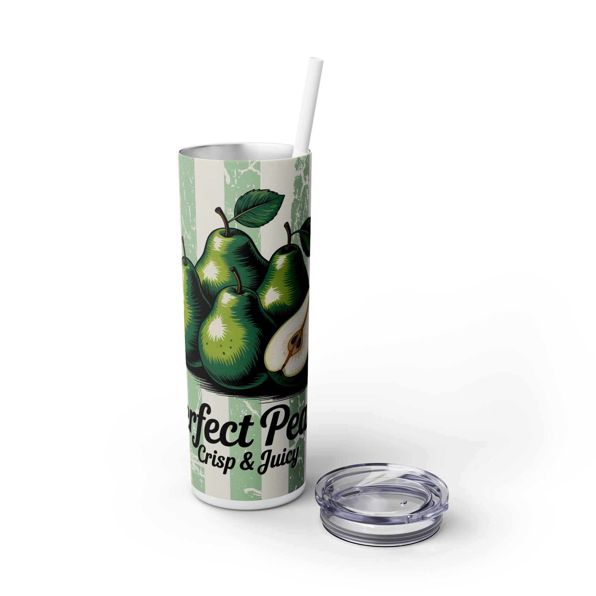 20Oz Perfect Pear Skinny Tumbler with Straw on a flat surface, emphasizing its unique pear design, essential for vacation drinkware.