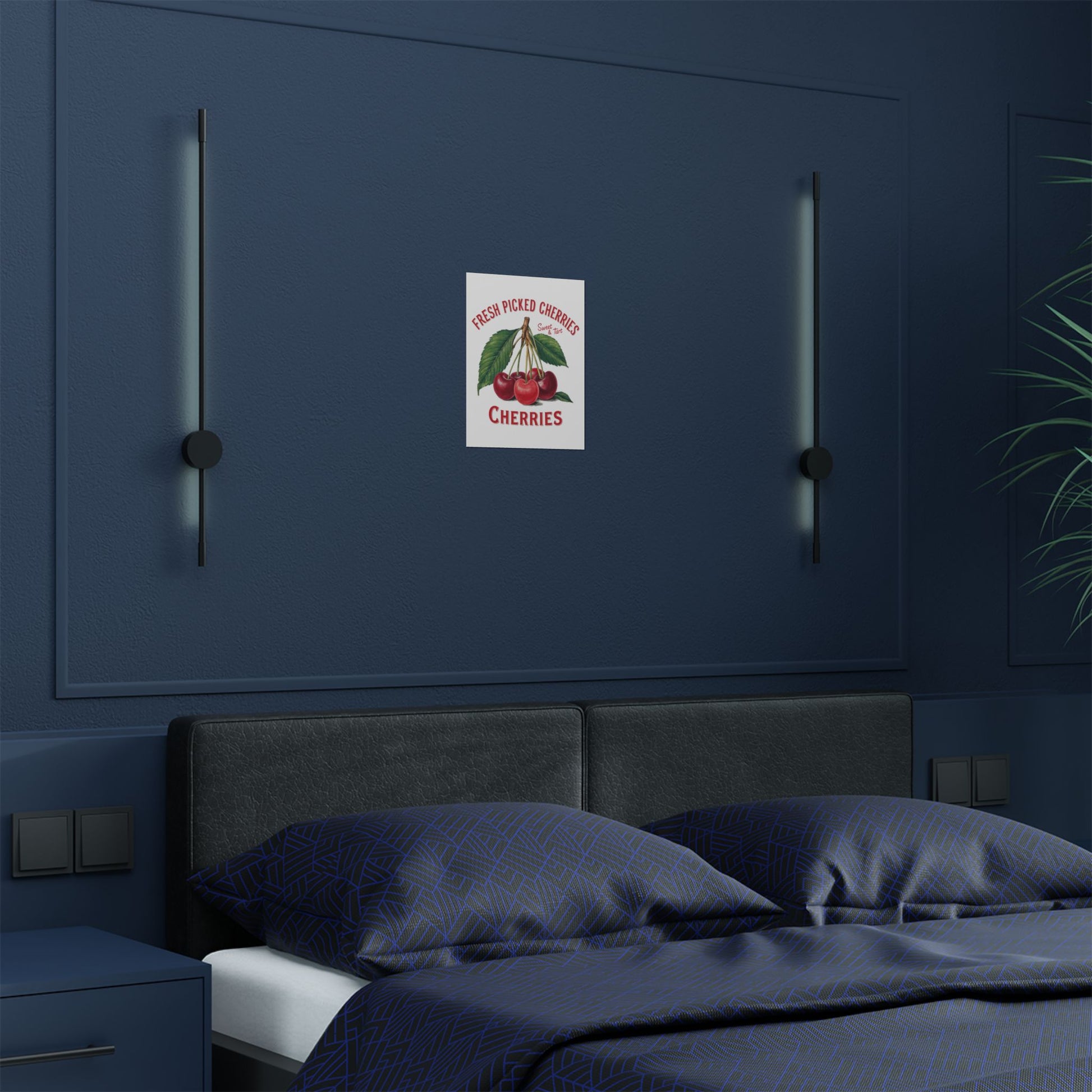Fresh Picked Cherries Satin Poster showcased in a cozy bedroom. An excellent vintage kitchen poster to enhance your home decor.
