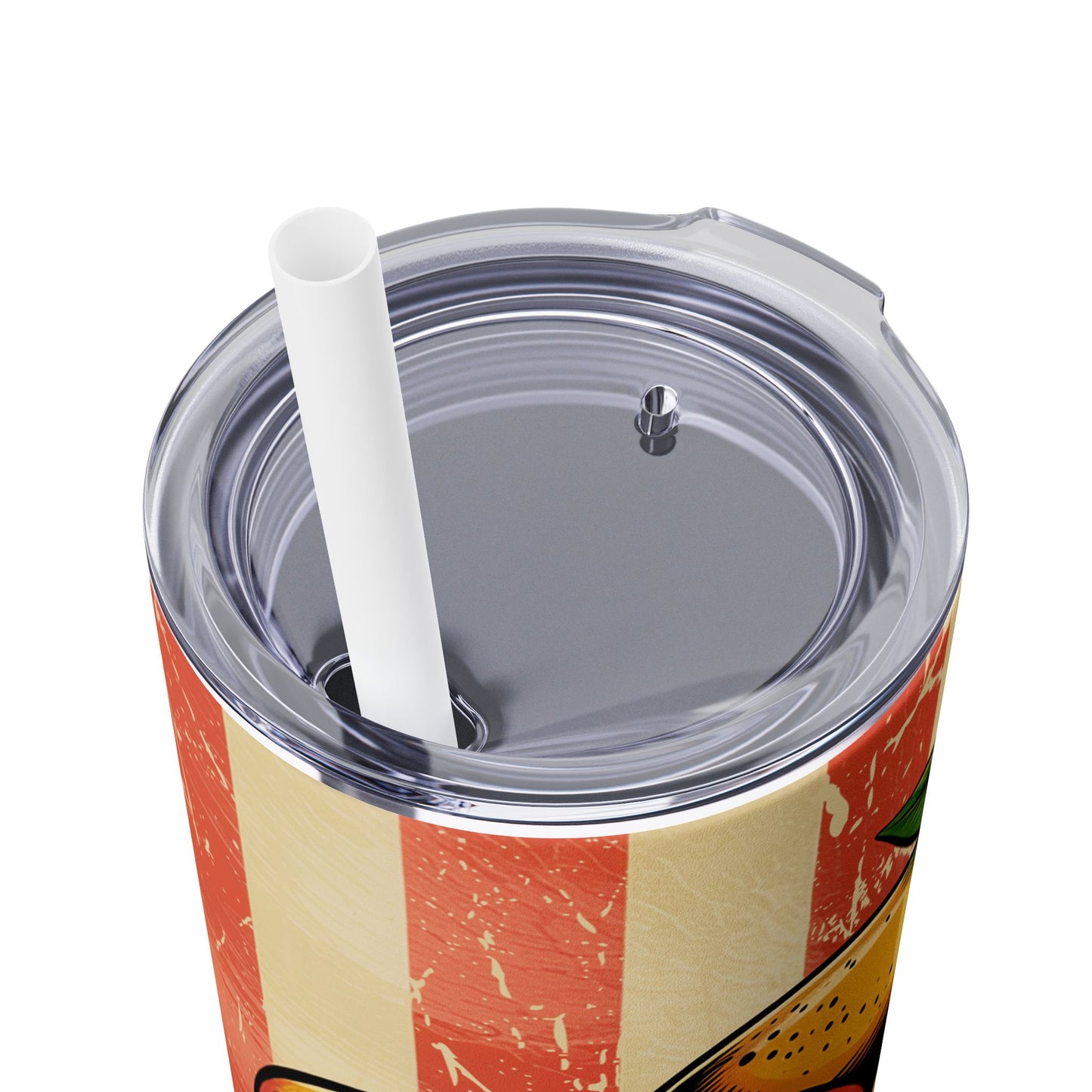 Tropical Mango Skinny Tumbler with Straw | Tumbler shown with lid off, highlighting its design and functionality for summer drinks.