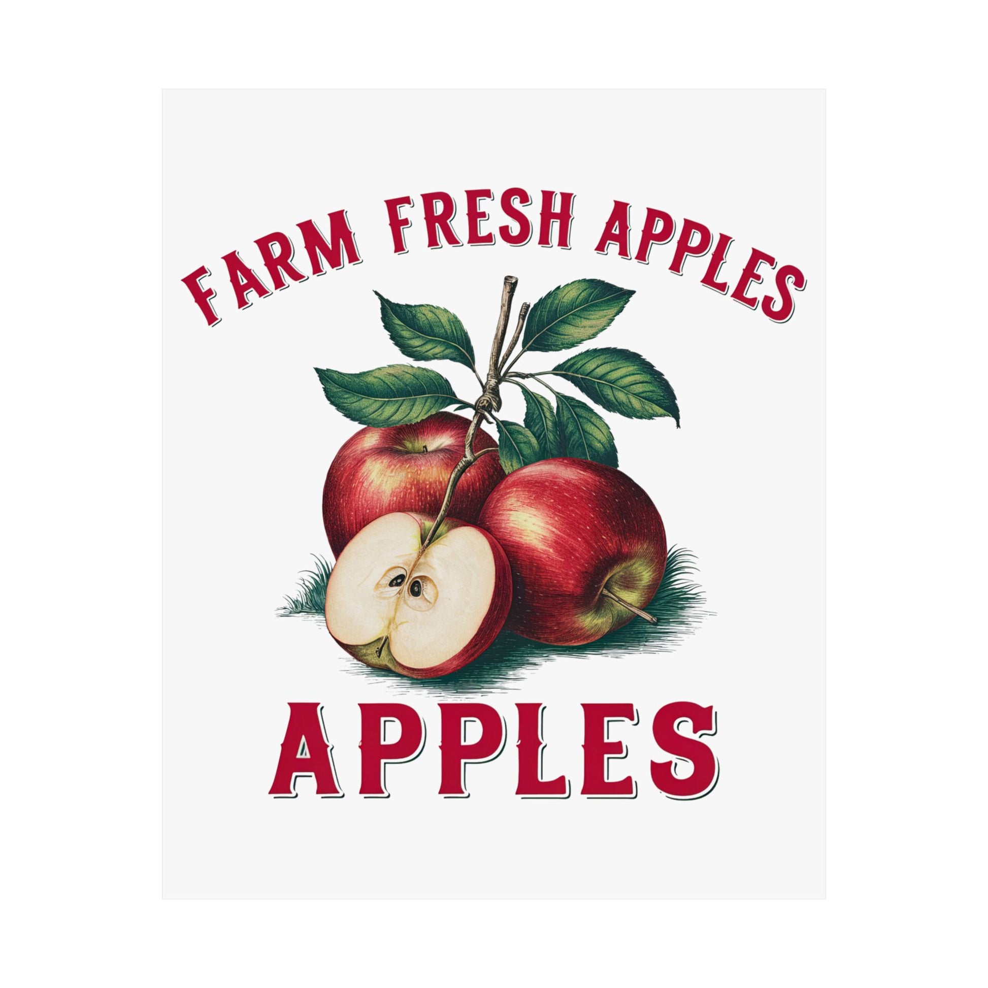 Printify’s Farmhouse Kitchen Wall Art features a vintage-style illustration of three red apples, one halved to reveal the inside, and “FARM FRESH APPLES” text—ideal rustic decor for your home or kitchen. Satin poster finish.