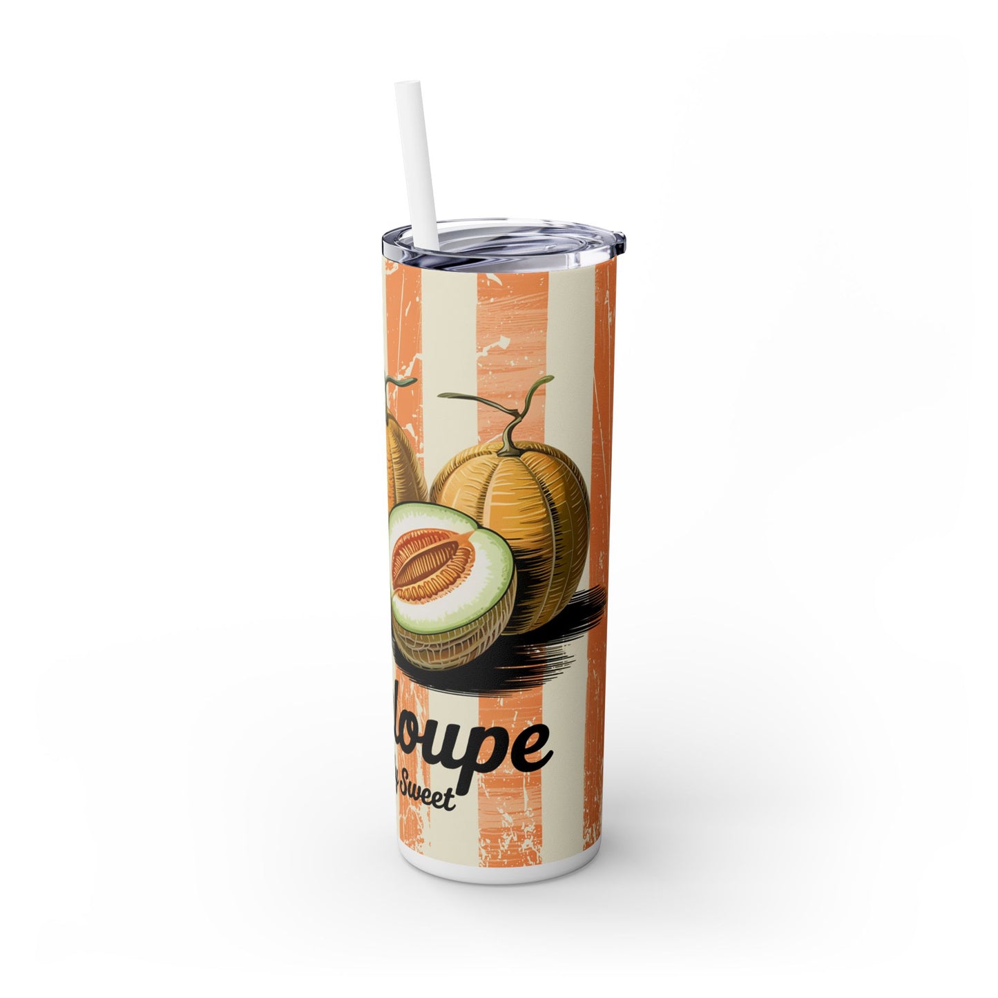 Retro Cantaloupe Skinny Tumbler with Straw displaying a colorful cantaloupe illustration, great for enjoying hot and cold beverages during summer outings.