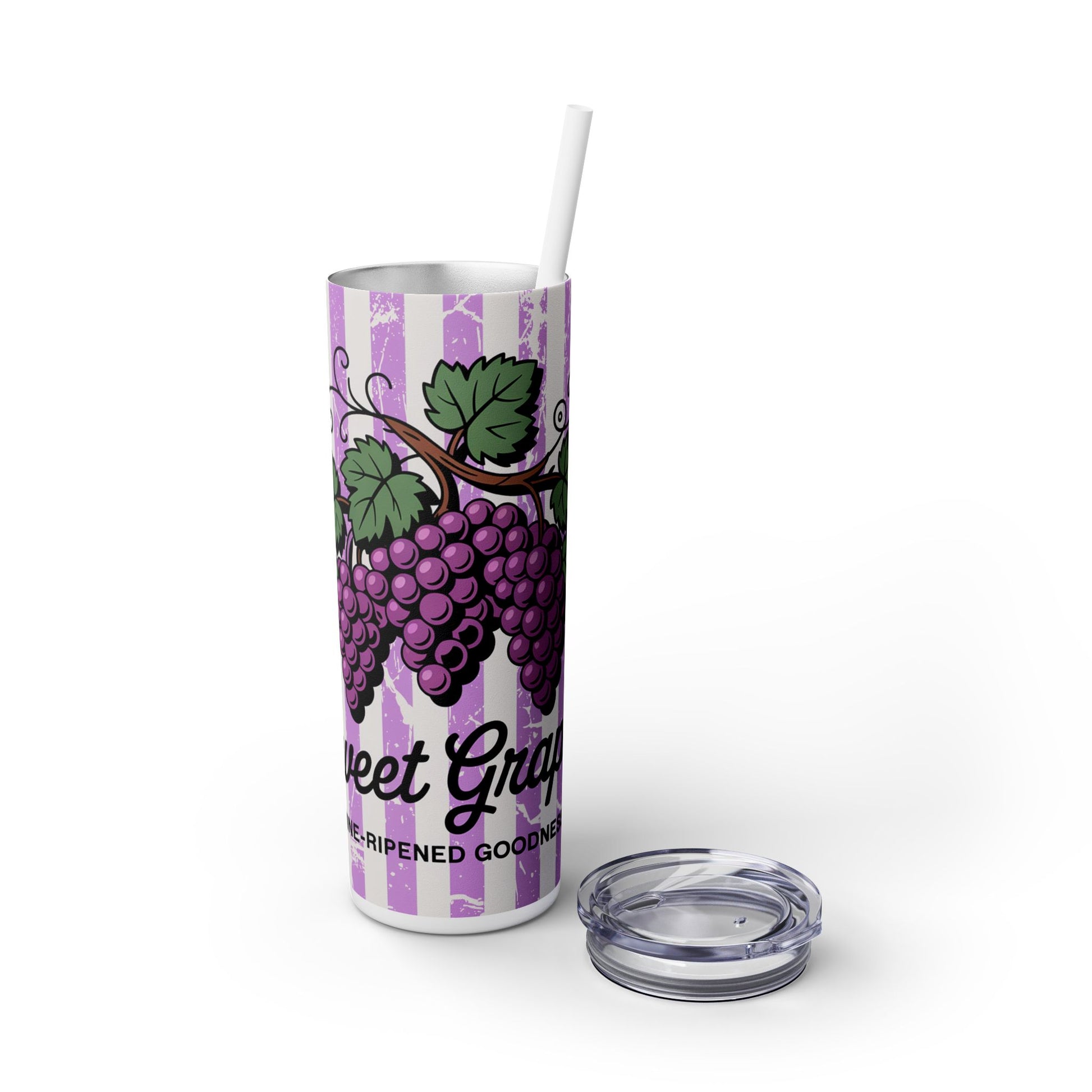 Sweet Grape Skinny Tumbler with Straw, 20oz with the cap removed, featuring a stylish grape design, perfect for summer parties and wine lovers.
