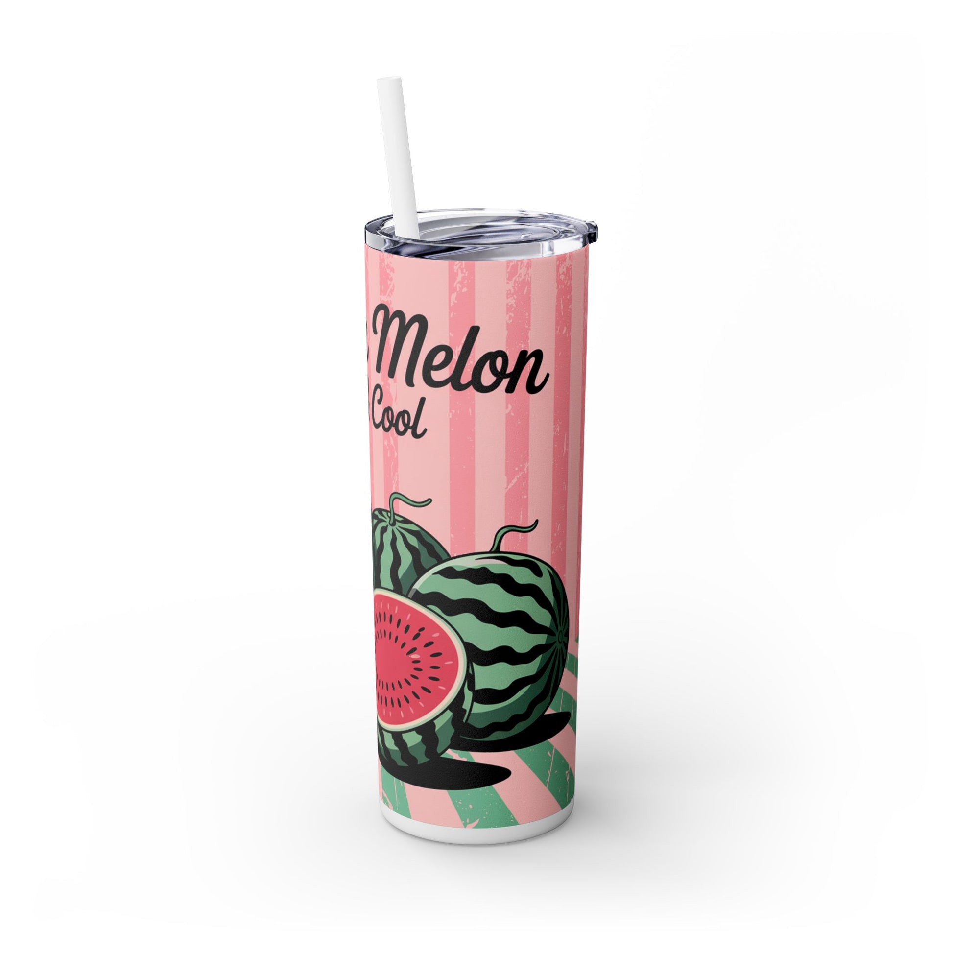 Stylish Summer Watermelon Skinny Tumbler, 20oz with straw, highlighting fruity watermelon graphics, a perfect choice for summer drinkware tumbler lovers.
